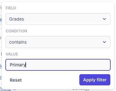 Grade filter set to Grades contains Primary, with the Apply filter button.