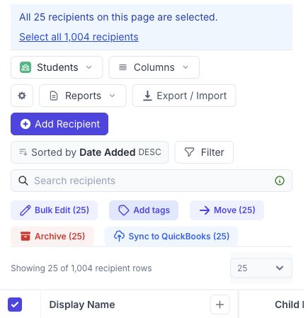 Recipient table showing the page selection checkbox, Select all 1,004 recipients link, and Bulk Edit button.