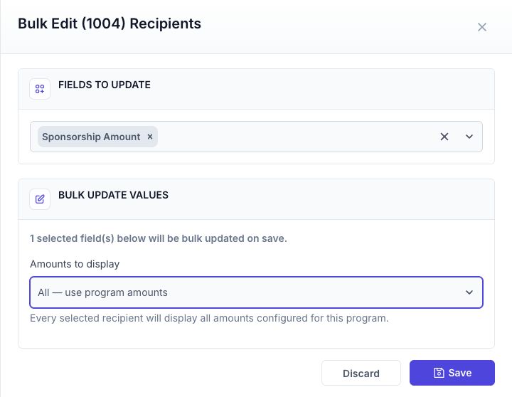 Bulk Edit drawer with Sponsorship Amount selected, All — use program amounts chosen, and the Save button.