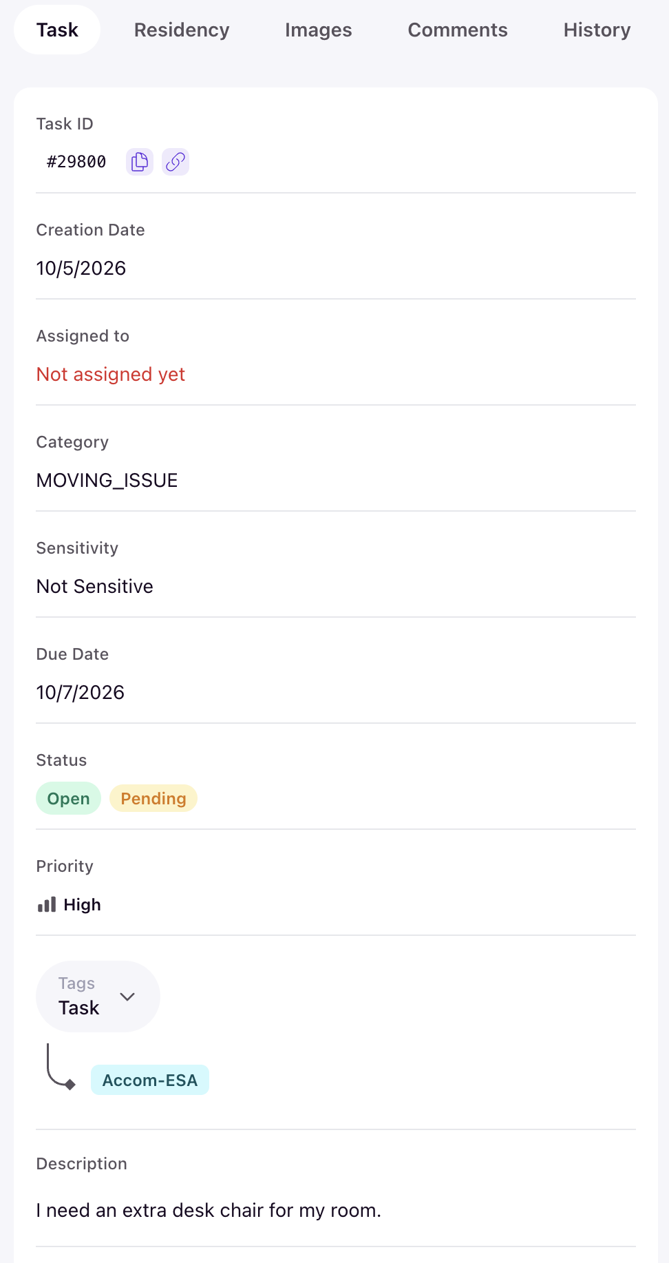The task page on a phone, with the Task, Residency, Images, Comments and History tabs