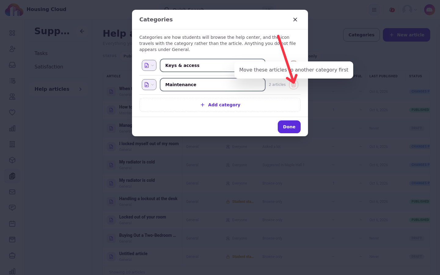 The trash icon on a category with articles is disabled and shows the tooltip Move these articles to another category first