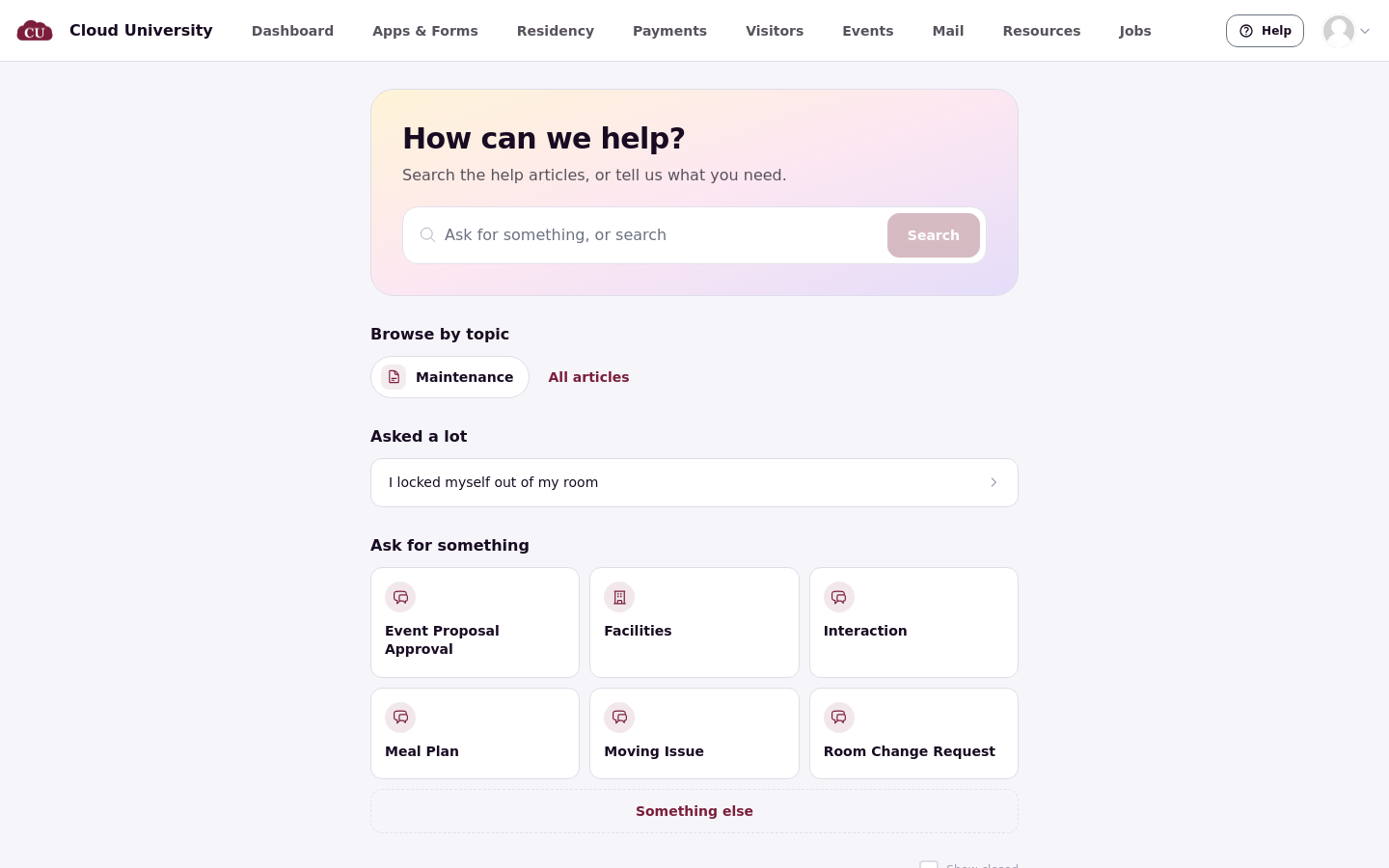 The help center home with the Browse by topic shelves and an All articles link