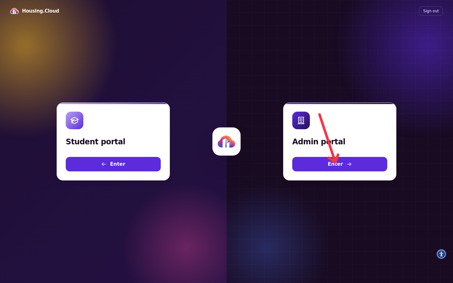 The portal selection screen with Student portal and Admin portal cards