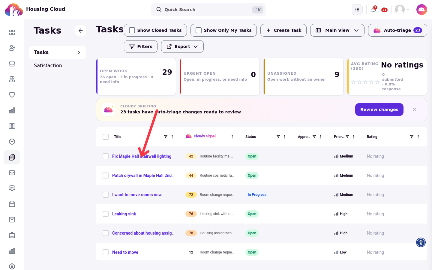 The Tasks queue with selectable task rows