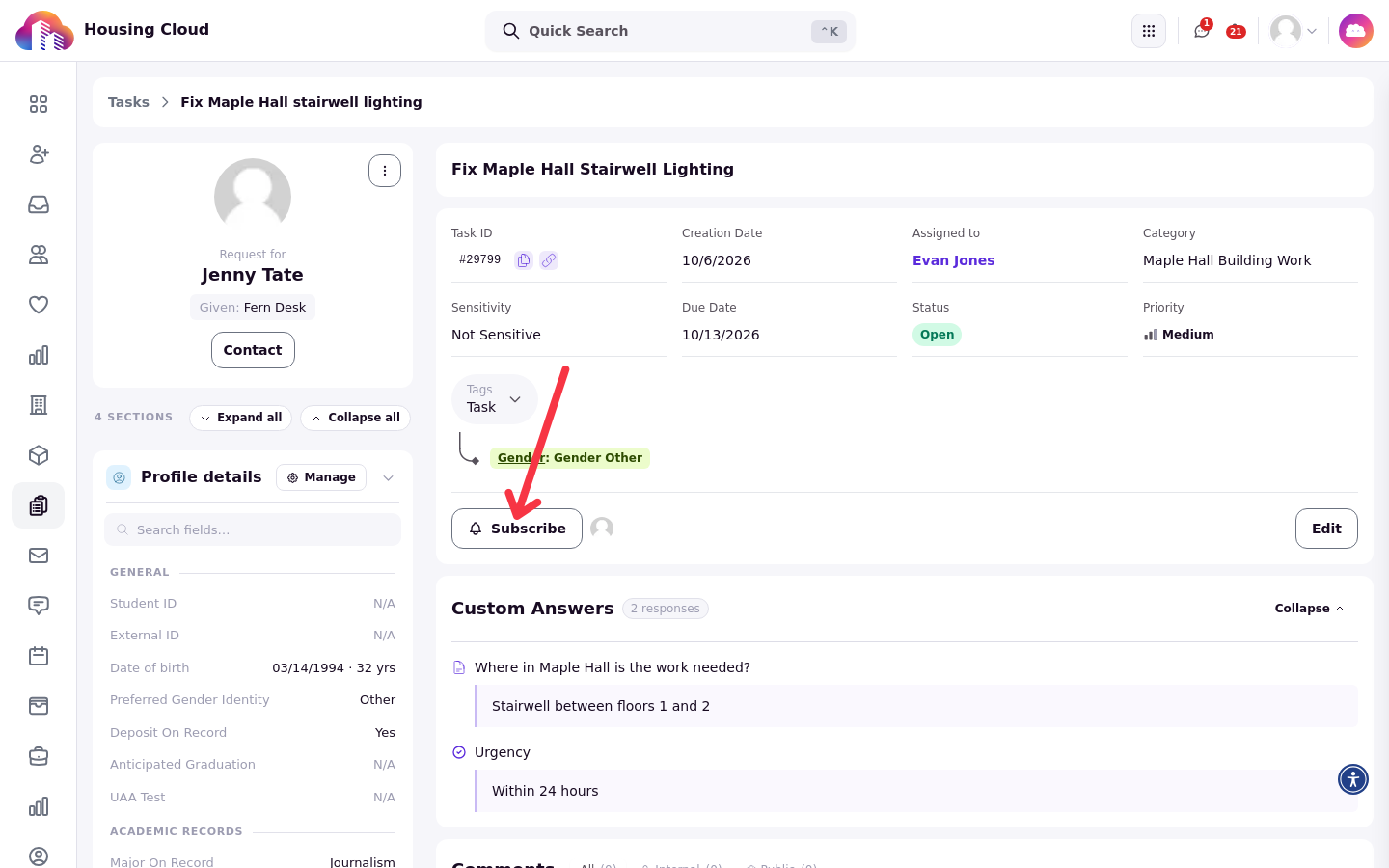The task detail page with the Subscribe button in the subscribers area at the bottom of the task details card