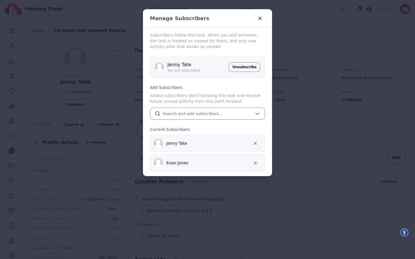 The Manage Subscribers modal with the You are subscribed card, the Add Subscribers search, and the Current Subscribers list with remove buttons