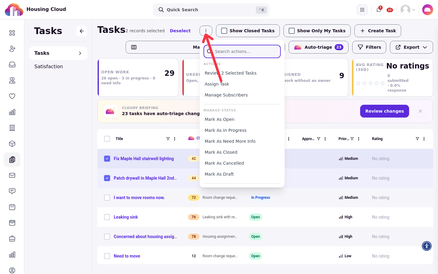 Two tasks ticked in the queue with the selection menu open, showing Manage Subscribers under Actions