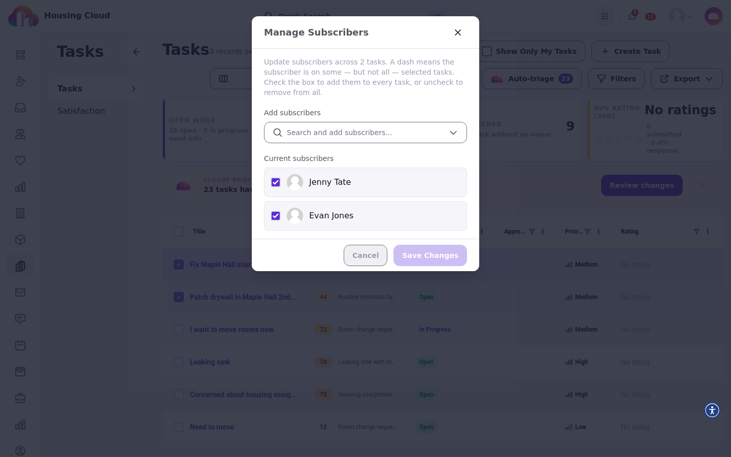 Bulk Manage Subscribers for two tasks, with each persons checkbox showing whether they are on all, some or none of the selected tasks