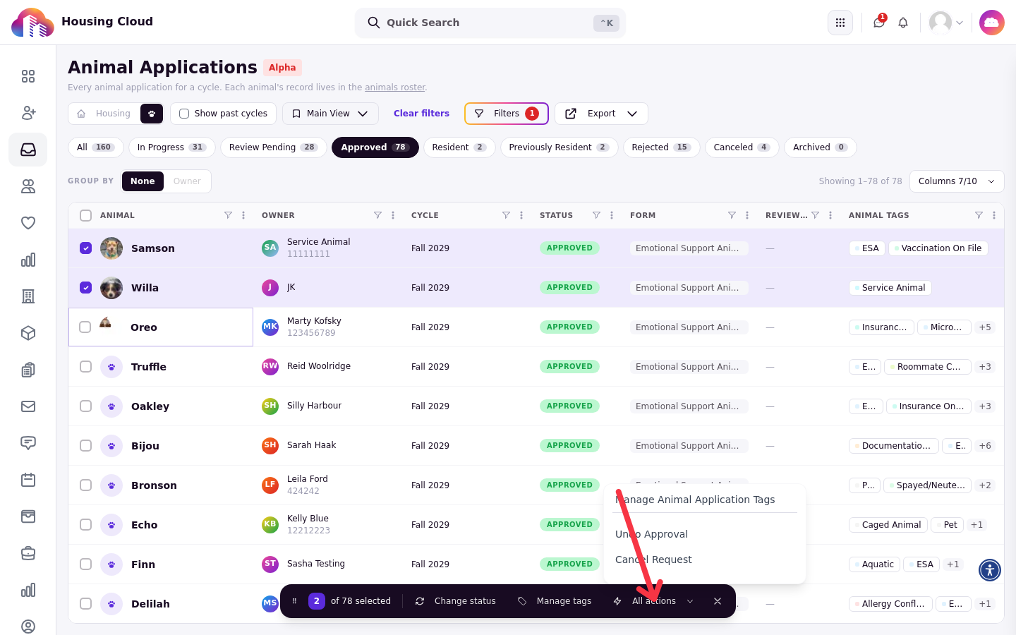 The Animal Applications table with two applications selected and the bulk actions menu open