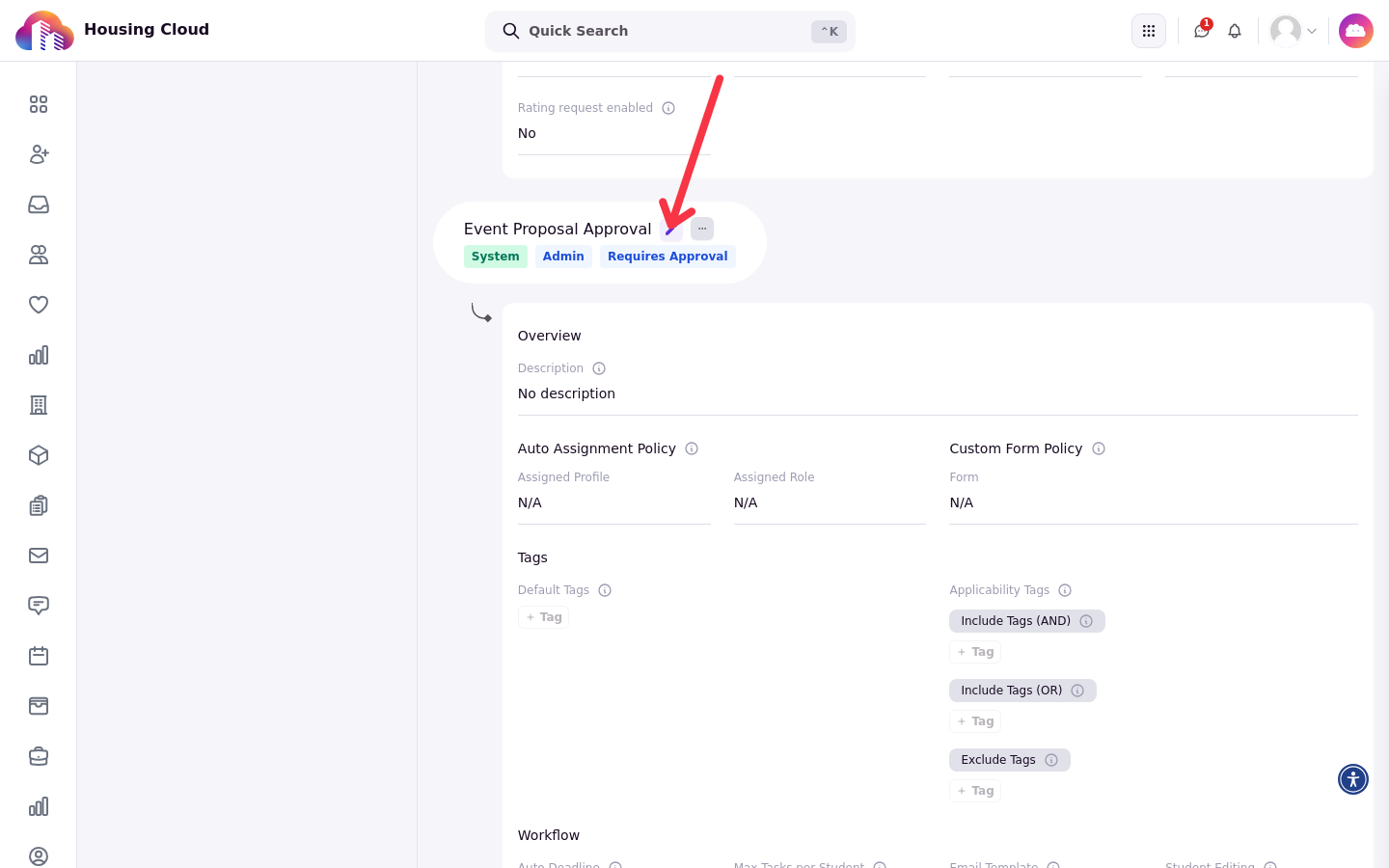 A request type card in Setup Task Categories with its Requires Approval badge, with an arrow pointing at the pencil edit button