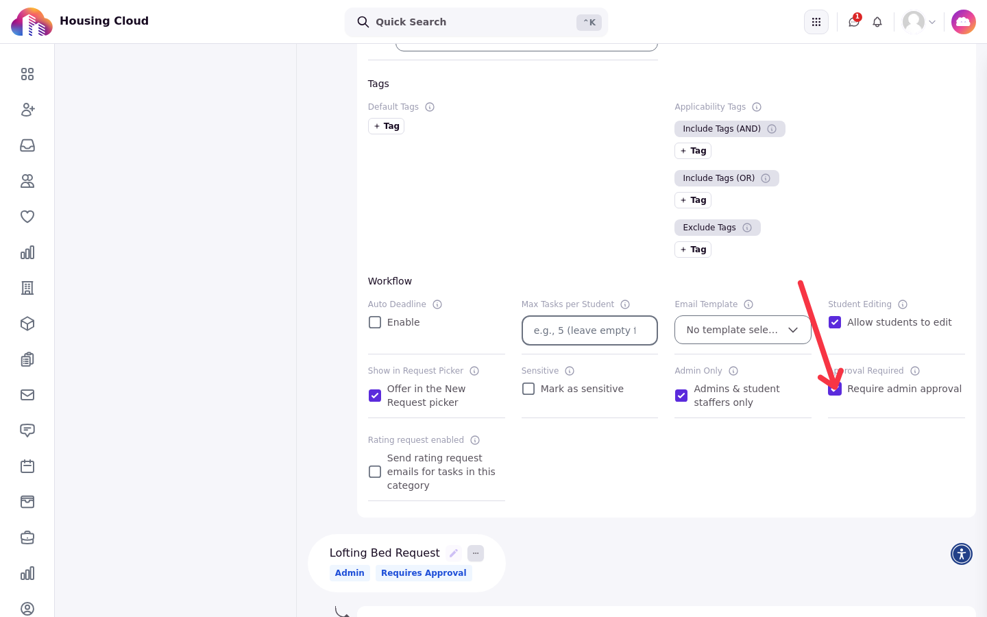 The edit form for a request type, scrolled to the Workflow section with the Approval Required setting and its Require admin approval checkbox ticked