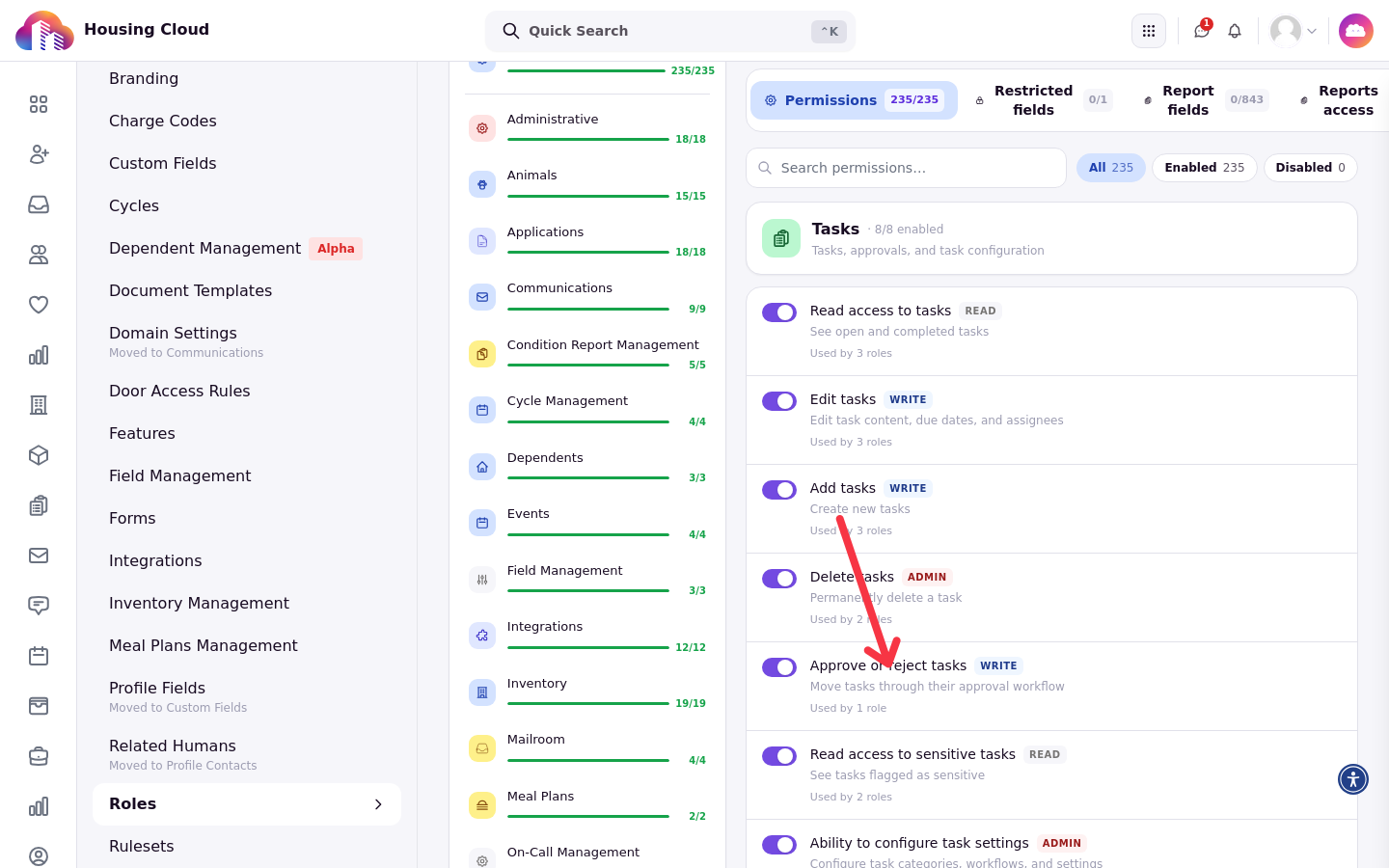A role permissions page with the Approve or reject tasks permission and its toggle switched on