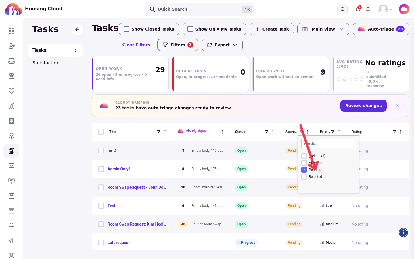 The tasks queue with the Approval column filter open and only Pending selected