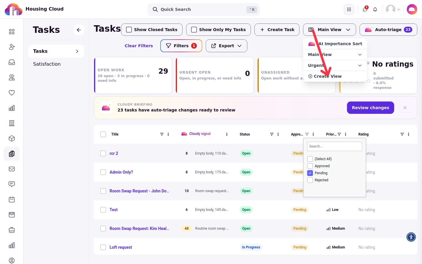 The views menu open over the Pending-filtered queue with Create View highlighted