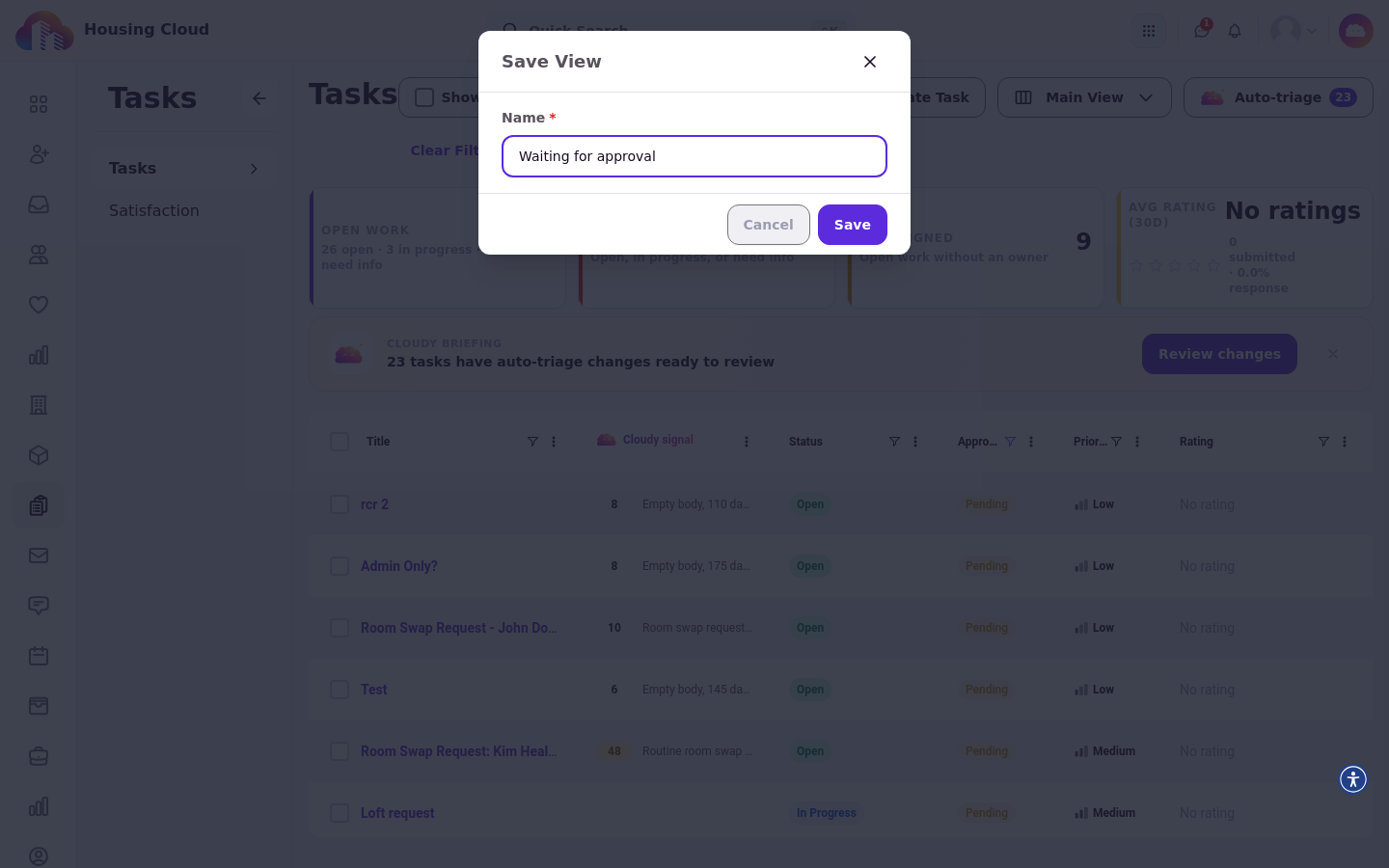 The Save View dialog with the name Waiting for approval entered