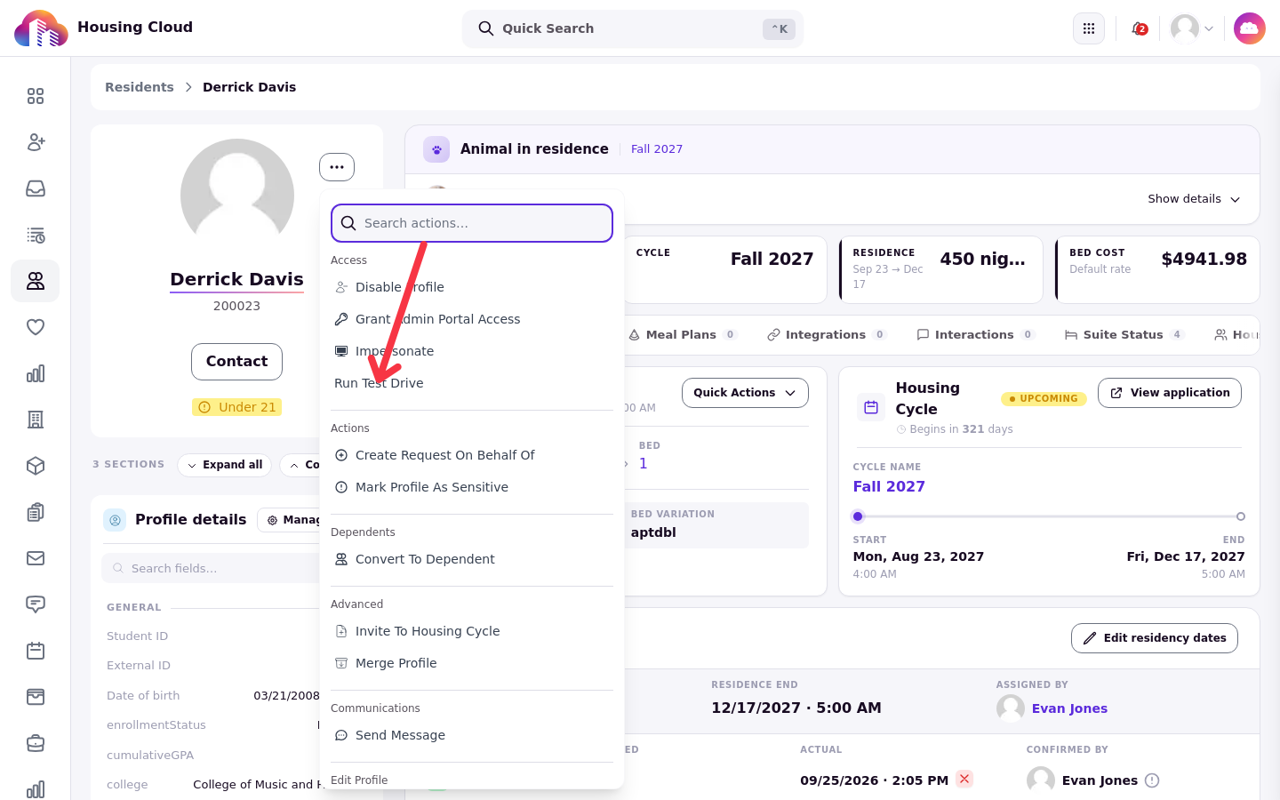 Profile actions menu showing Run Test Drive