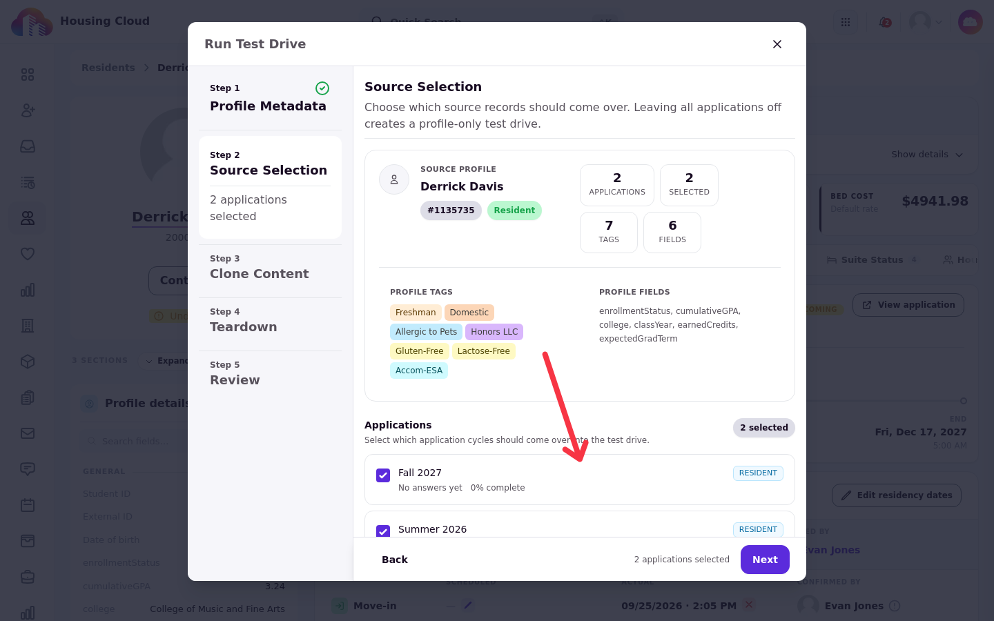 Source Selection step with application cards