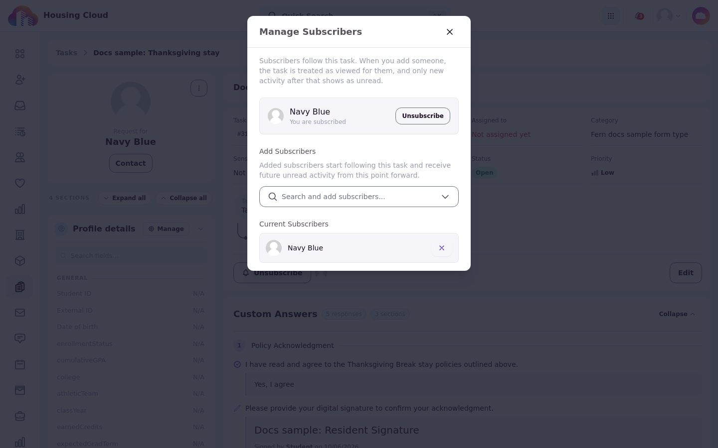 The Manage Subscribers window with the current subscriber list and the Add Subscribers search field