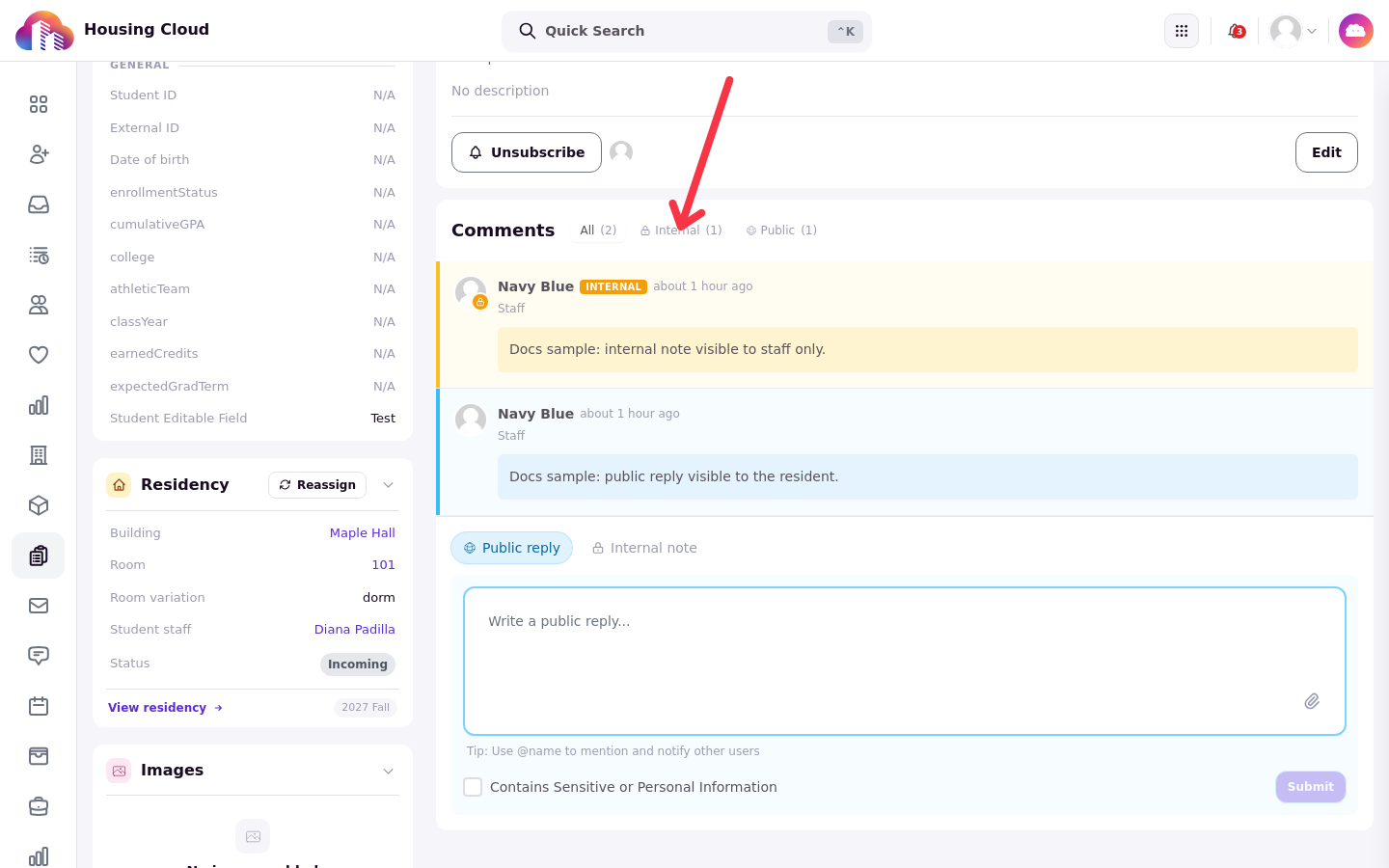 The Comments section with All, Internal and Public tabs, showing a public reply and an internal note