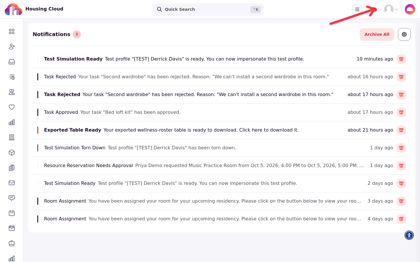 The Notifications list reached from the bell icon in the top bar, showing task and request notices