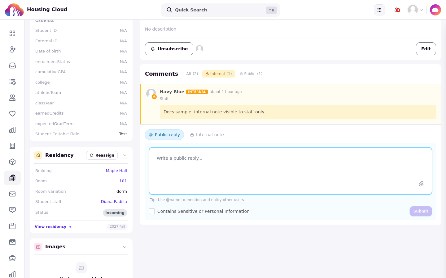 The Internal view of the Comments section showing only the internal note