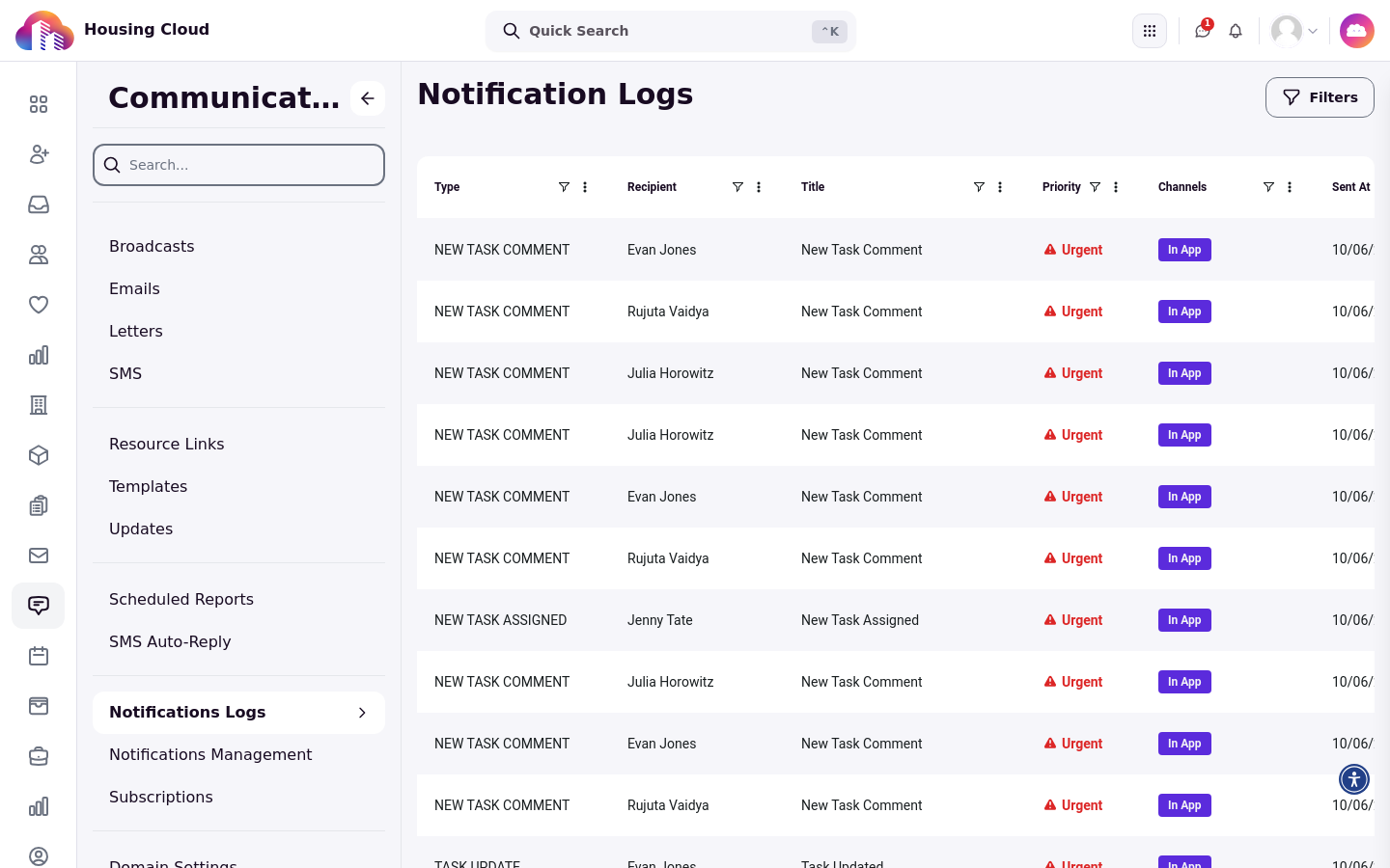 The Notification Logs page in Communications, listing sent notices with recipient, title, priority, and channel