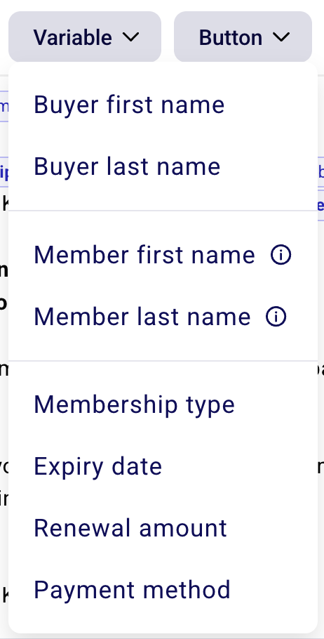 Das Dropdown-Menü „Variable“ mit den Einträgen Vorname des Käufers, Nachname des Käufers, Vorname des Mitglieds, Nachname des Mitglieds, Art der Mitgliedschaft, Ablaufdatum, Verlängerungsbetrag und Zahlungsmethode