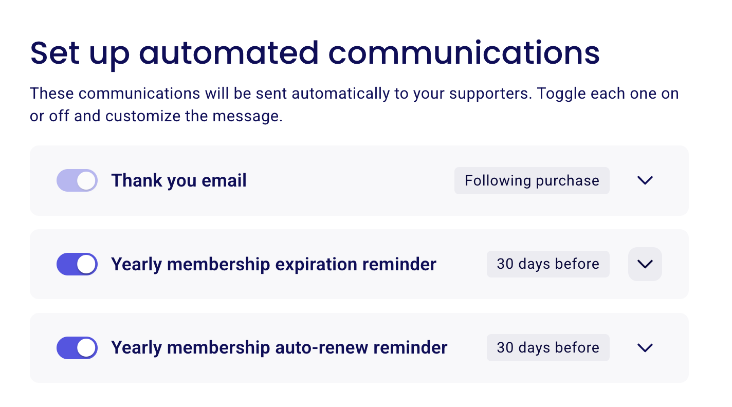 Die Seite „Automatisierte Kommunikation einrichten“ mit den Schaltern für die Dankes-E-Mail, die jährliche Erinnerung an den Ablauf der Mitgliedschaft und die jährliche Erinnerung an die automatische Verlängerung der Mitgliedschaft