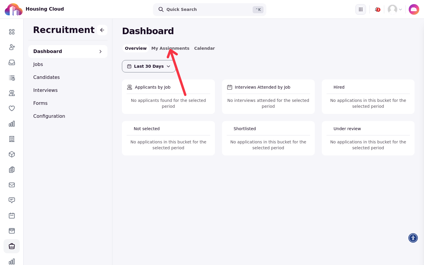 The Recruitment dashboard with an arrow pointing to the My Assignments tab next to Overview and Calendar