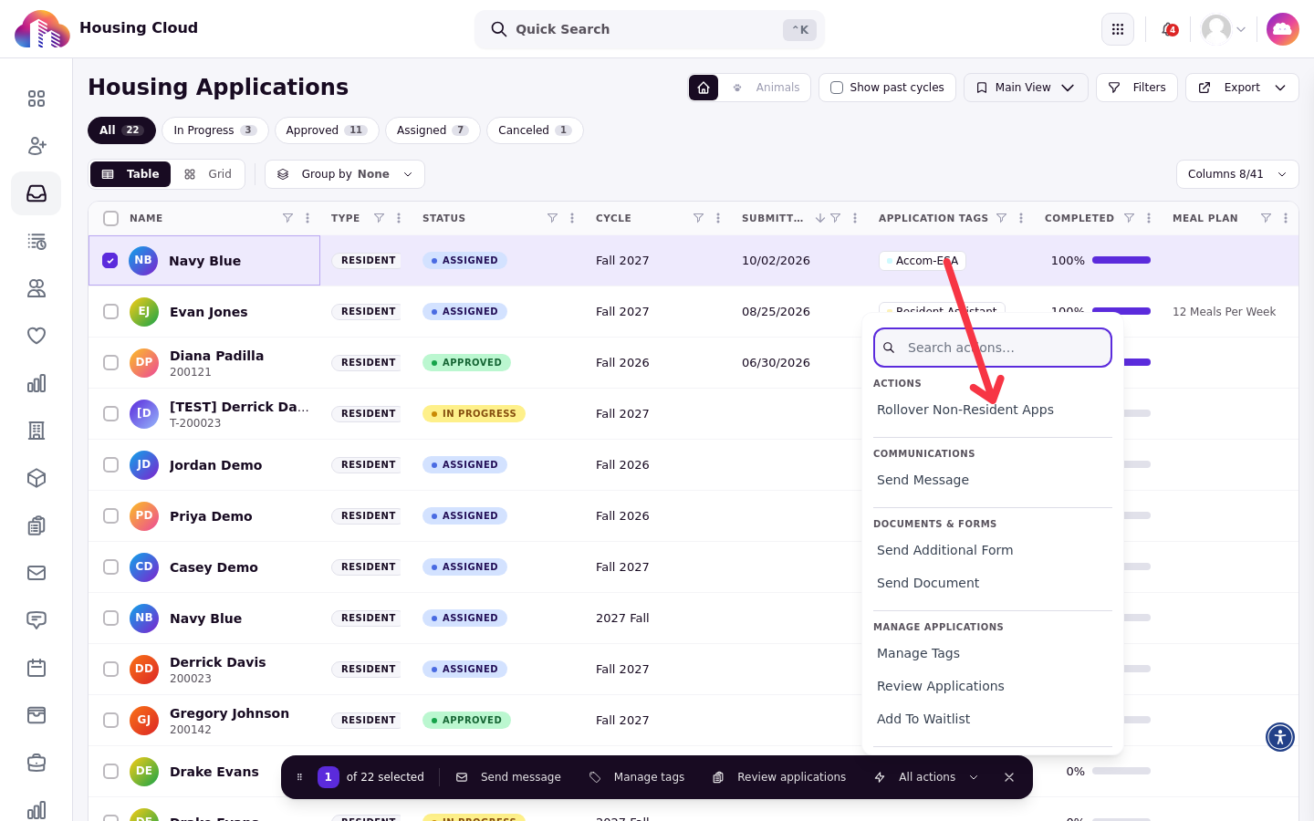 The Housing Applications list with the bulk actions menu open and an arrow on Rollover Non-Resident Apps