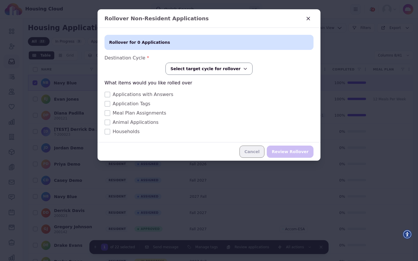 The Rollover Non-Resident Applications window with the Destination Cycle selector and the Households checkbox