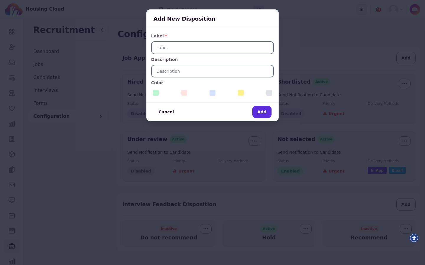The Add New Disposition dialog with Label and Description fields and Color swatches