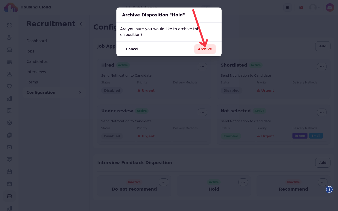 The archive confirmation dialog with Cancel and Archive buttons