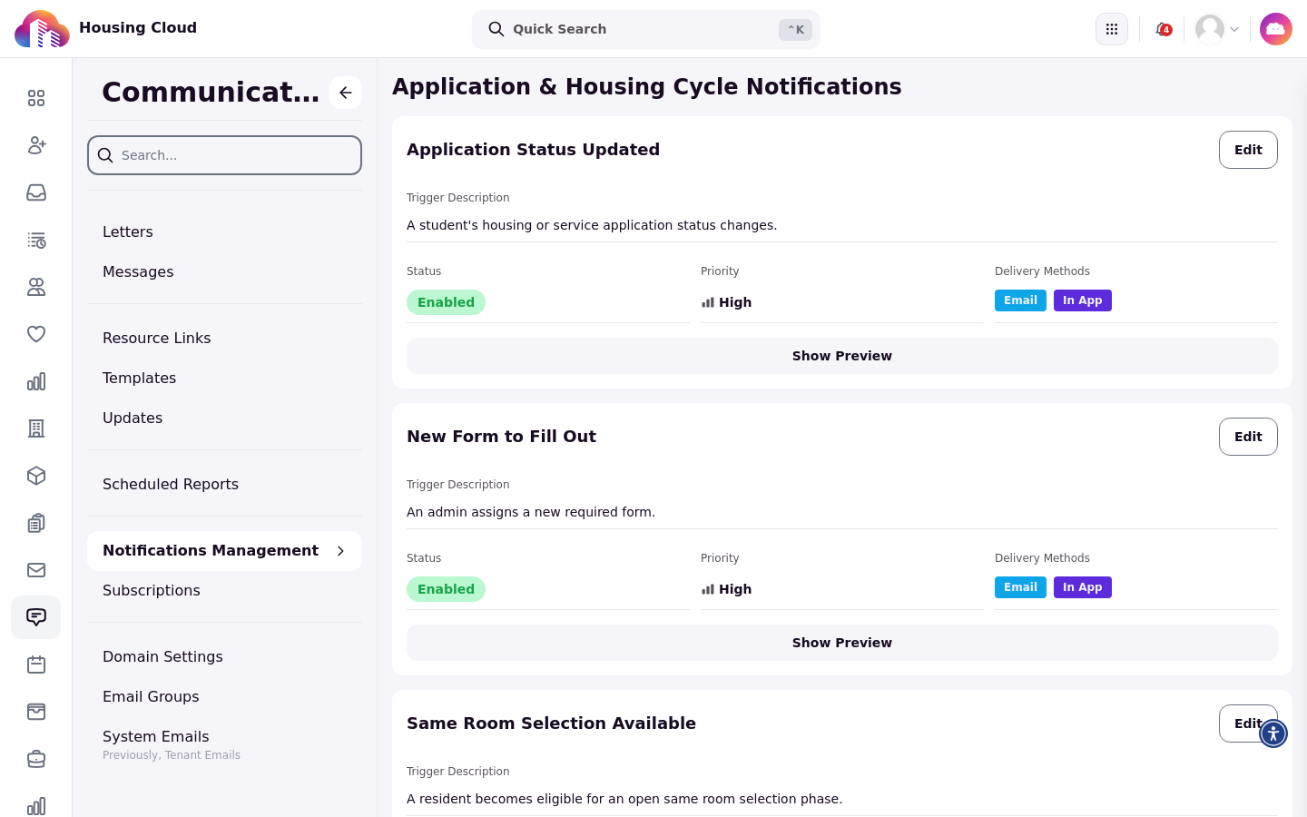 The Notifications Management page in Communications, showing notification events with their status, priority, and delivery methods