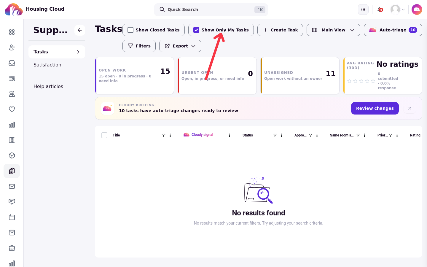 The Tasks queue with Show Only My Tasks switched on, showing no results