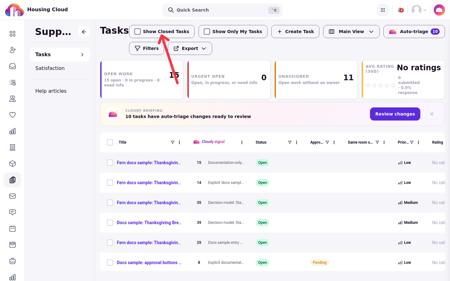 The Tasks queue with task rows listed and both toggles beside Create Task
