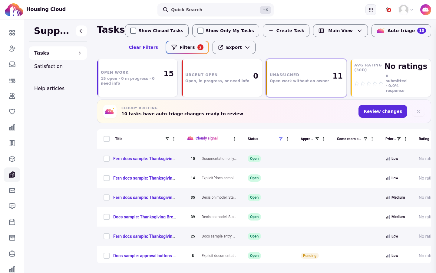 The Tasks grid filtered to unassigned tasks after clicking the Unassigned card