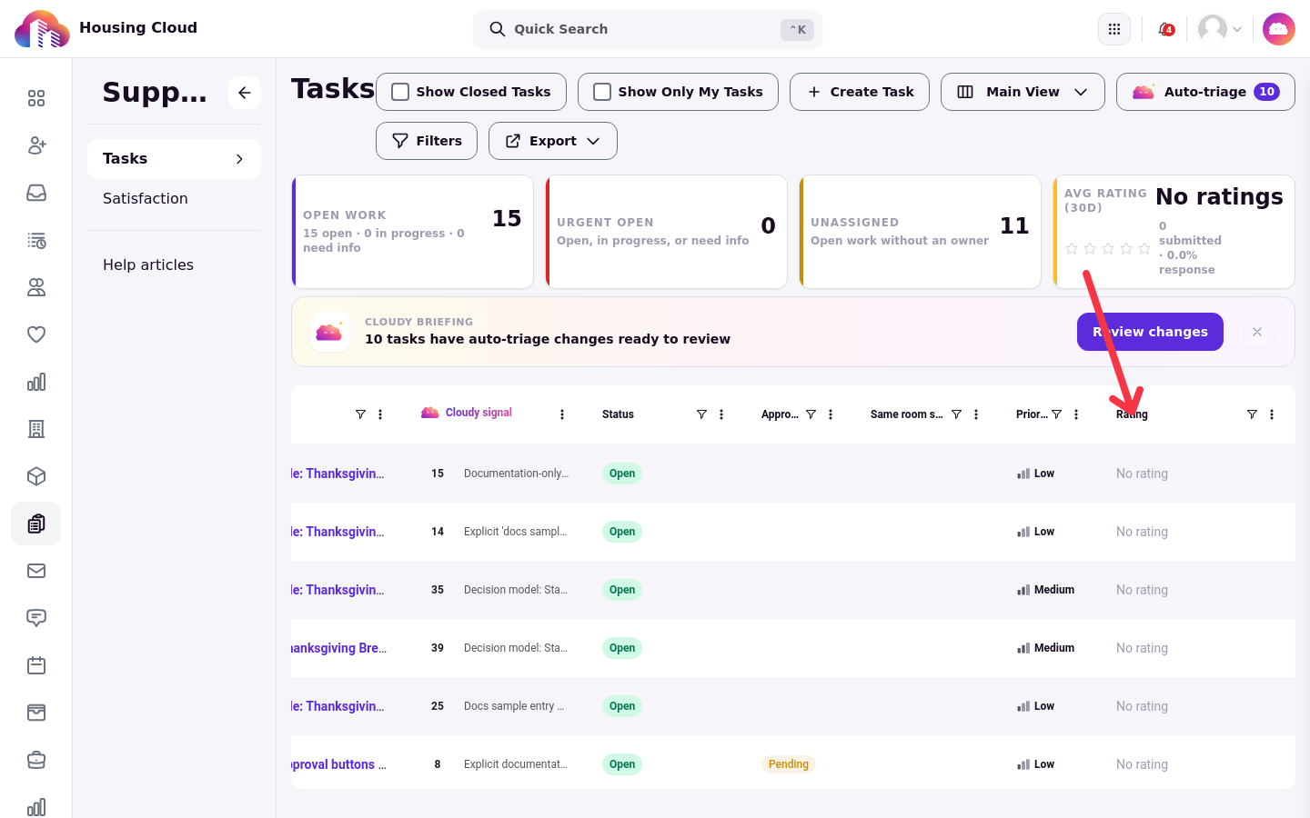 The Tasks grid with filter buttons in the column headers, the Rating column highlighted