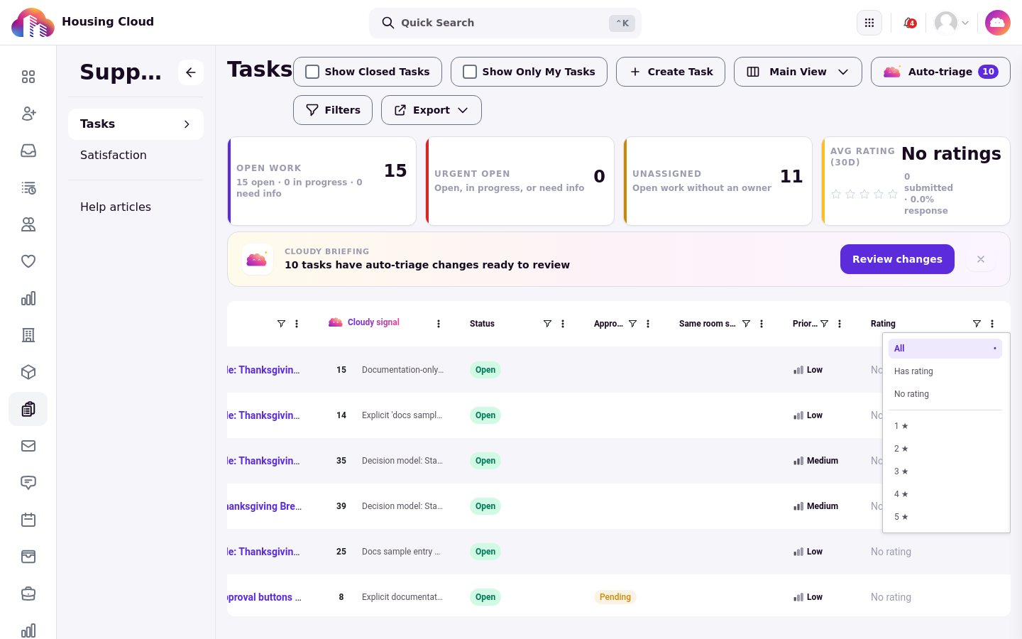The Rating column filter open with Has rating, No rating and score options
