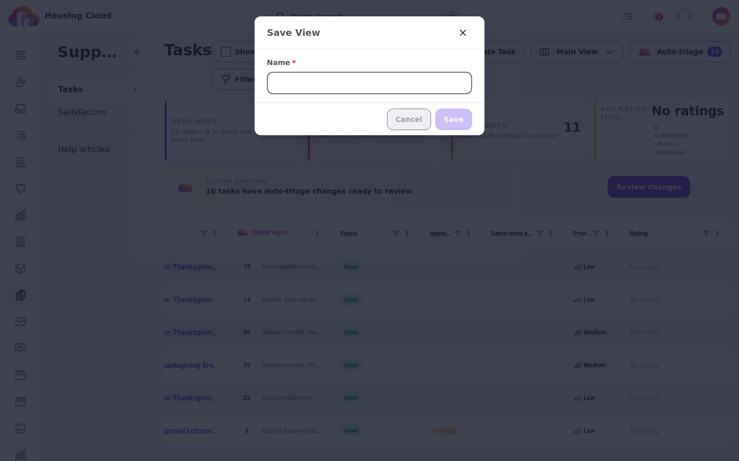 The Save View dialog with an empty Name field