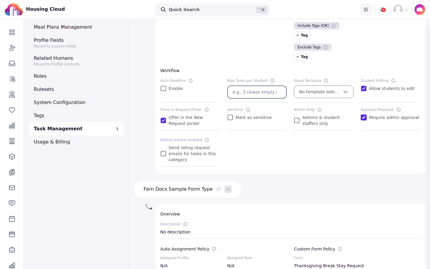 The Workflow section of a request type in Setup Task Management, showing the Sensitive row with the Mark as sensitive checkbox