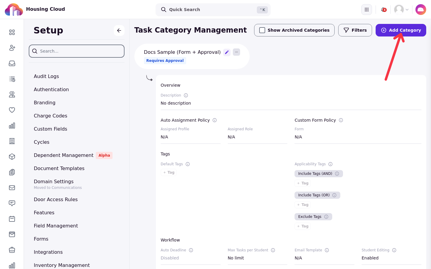 Task Category Management page with a category card, its badges, and the Add Category button
