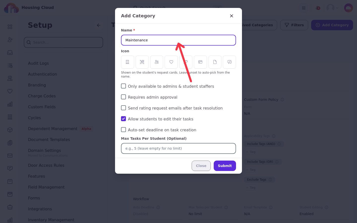 Add Category window with Maintenance typed in the Name field