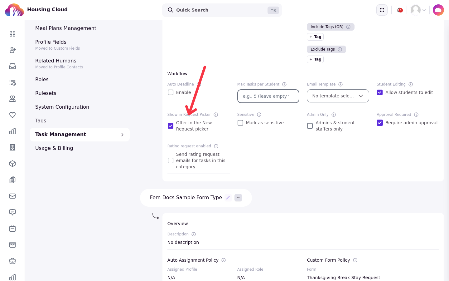 The Workflow section in edit mode with the Show in Request Picker, Sensitive, Admin Only, Require admin approval and Rating request enabled switches