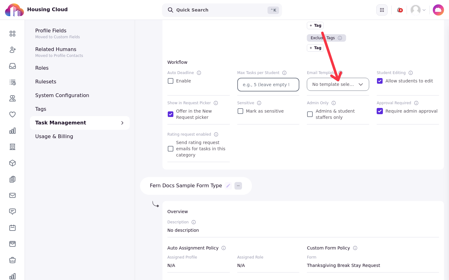 Category card in edit mode with the Email Template dropdown showing No template selected
