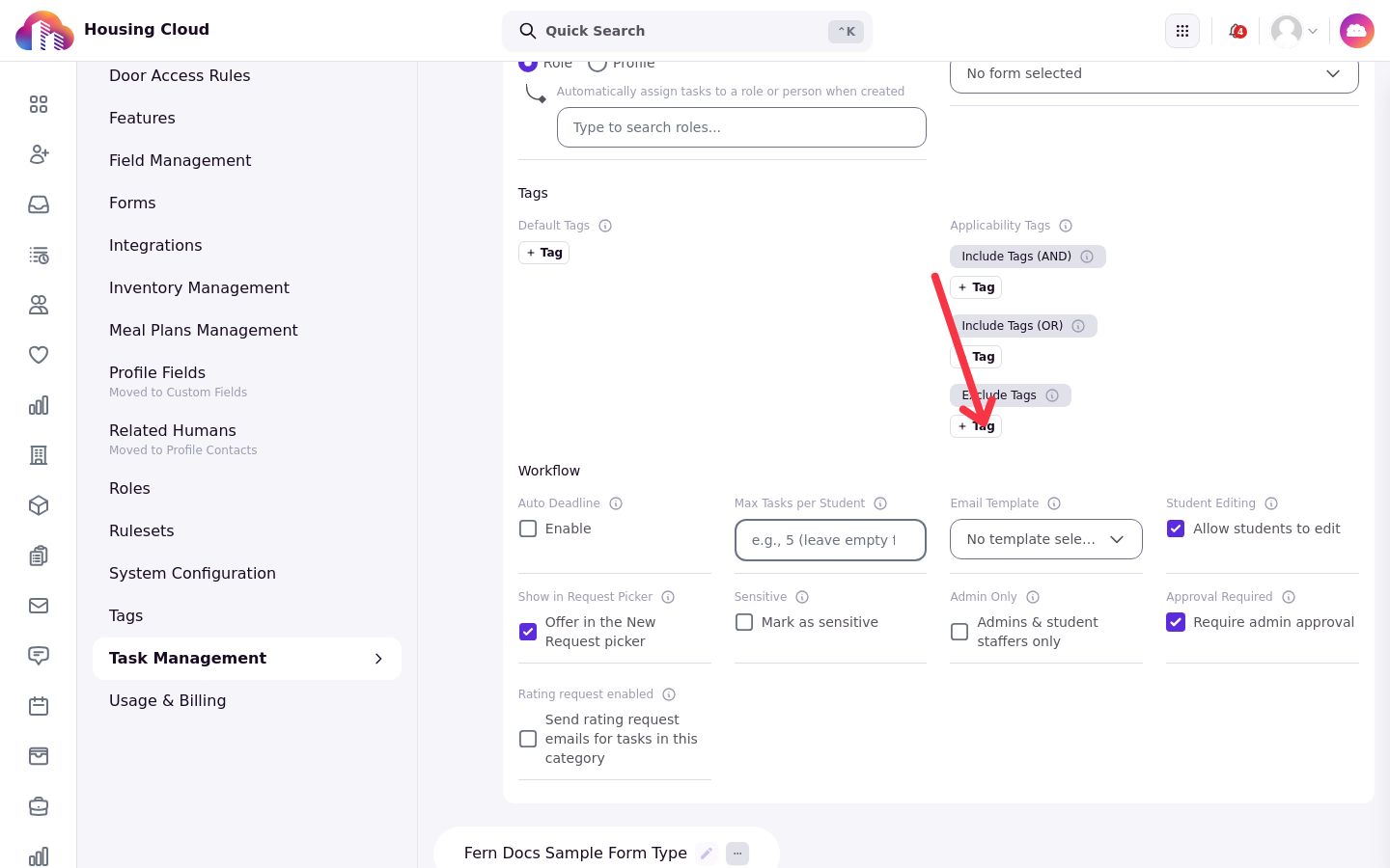 Tags section of a card in edit mode showing Default Tags, Include Tags (AND), Include Tags (OR) and Exclude Tags