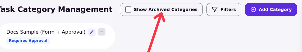 Task Category Management heading with the Show Archived Categories toggle, Filters and Add Category controls