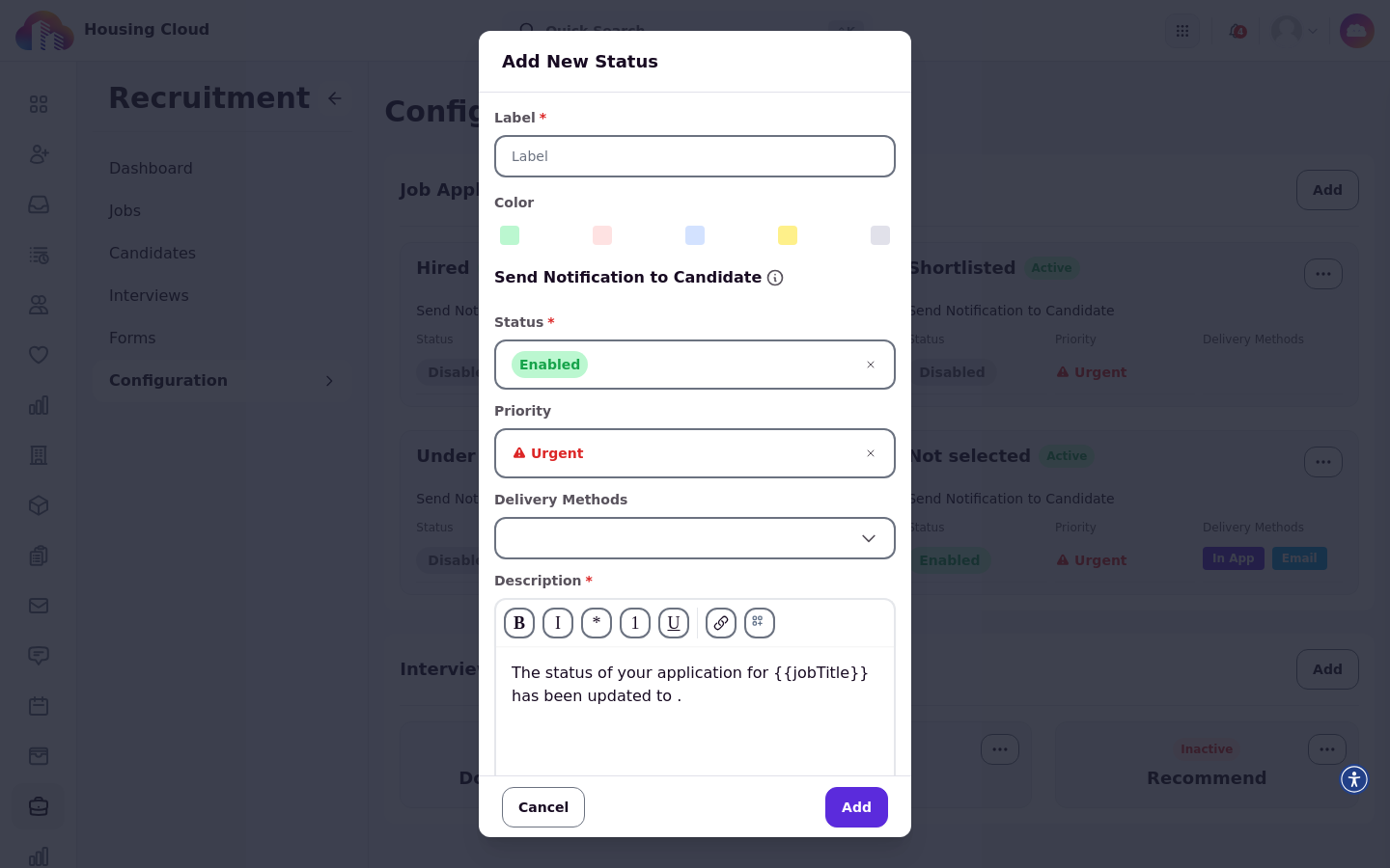 The Add New Status dialog with Label and Color fields, Send Notification to Candidate set to Enabled, and the Description editor