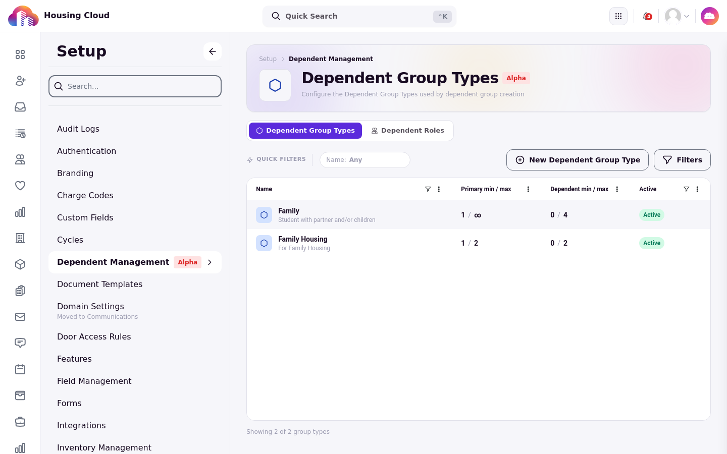 The Dependent Group Types tab under Dependent Management