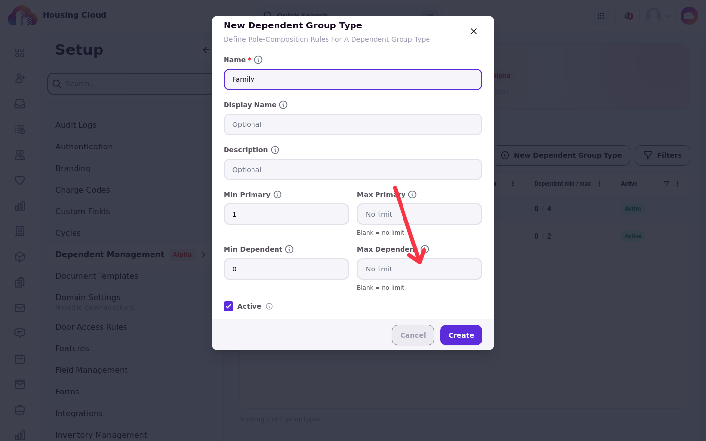 The New Dependent Group Type form with composition minimums and maximums